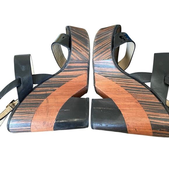 Jimmy Choo Black Leather Brown Wooden Heel Wedge Slingback Sandals size 40 9.5 - Picture 6 of 9